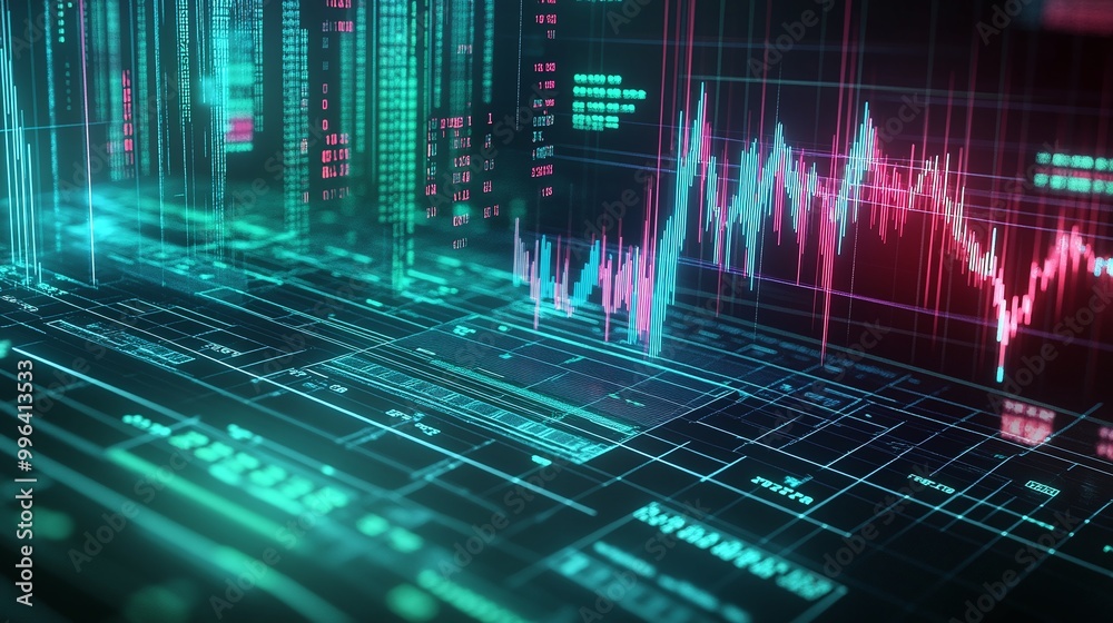 Poster dynamic digital data visualization with colorful graphs and charts representing market trends and an
