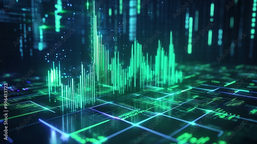 Poster dynamic digital data visualization with green bars on a grid, representing statistics and analytics 