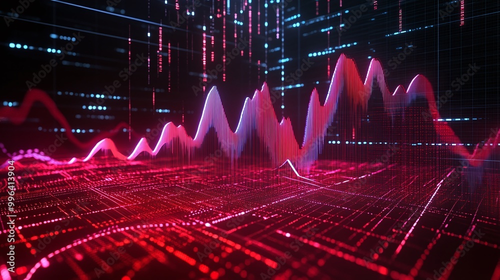 Poster dynamic digital data visualization with vibrant red and blue waves representing insights and analyti