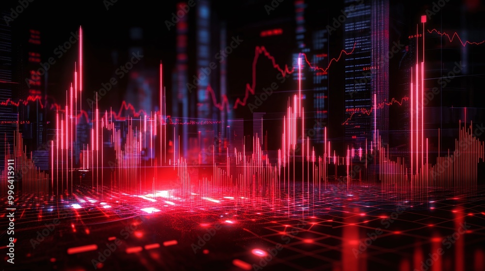 Poster dynamic digital data visualization with vibrant red color scheme, showcasing trends and analytics in