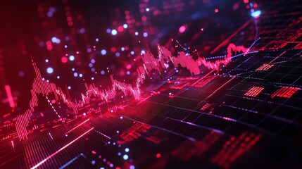 Fototapeta premium Dynamic digital data visualization with vibrant red tones representing analytics and trends.
