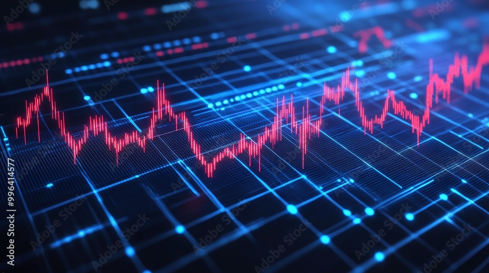 Poster dynamic digital graph display with vibrant red and blue lines representing data analysis and trends.
