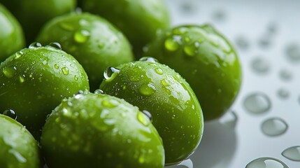 Close up of fresh green olives glistening with water droplets showcasing vibrant colors and intricate details on a white background