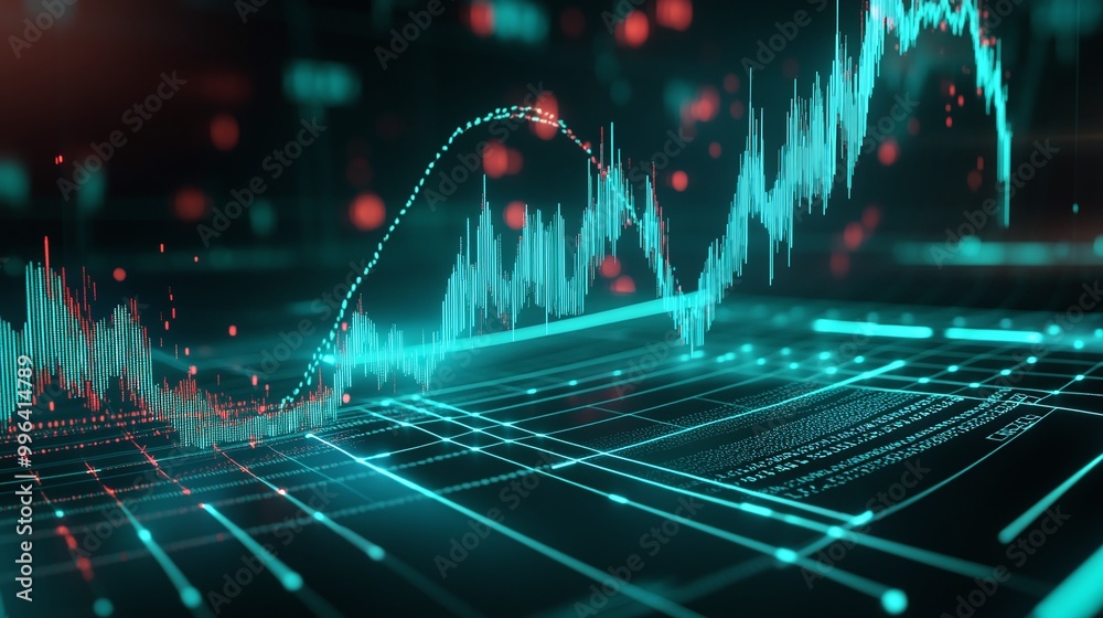 Poster dynamic digital graph illustrating financial data trends on a tech interface.