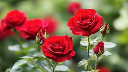 Fototapeta premium Close up of vivid red roses in full bloom accompanied by lush green foliage in the background