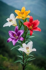 Fototapeta premium Vibrant Multicolored Lilies in Full Bloom Against Soft Green Backdrop – A Symphony of Nature’s Beauty.