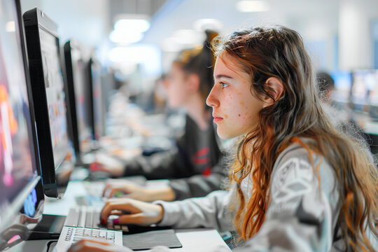 Students working in a computer lab, learning about hardware and software, studying digital technology.