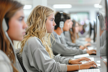 Students working in a computer lab, using online education, connected through network.