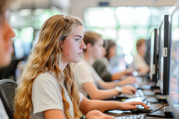 Students working in a computer lab, engaged in digital education and collaboration, studying software programming and teamwork on modern workstations.