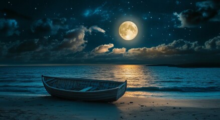 Dreamy boating wallpaper with a boat on the beach in the night. Stock image.