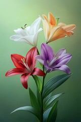 Obraz premium Vibrant Multicolored Lilies in Full Bloom Against Soft Green Backdrop – A Symphony of Nature’s Beauty.