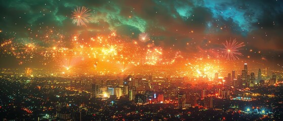 Vibrant Fireworks Over City Skyline at Night