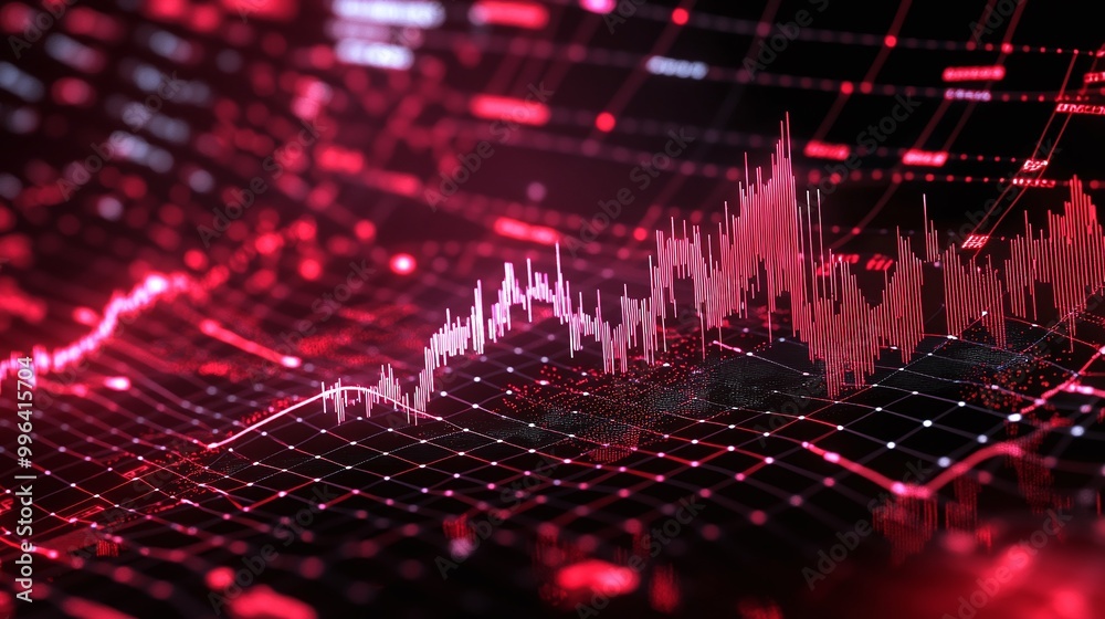 Poster dynamic digital graph with red and black elements representing financial data trends and analysis on