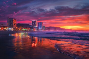 Fototapeta premium A serene sunset scene on a beach with buildings and possibly residential areas in the background