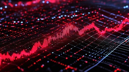Fototapeta premium Dynamic digital graph with red and blue data visualization on a dark background, representing market trends and analytics.