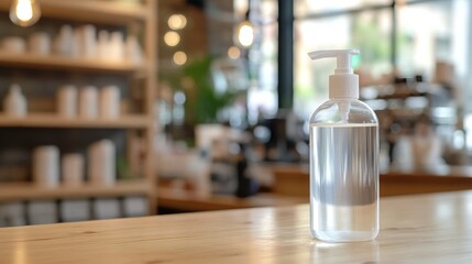 Clear plastic bottle with pump for hand sanitizing emphasizing safety and hygiene in a cafe environment
