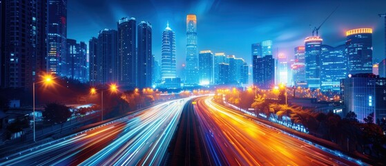 Obraz premium Night Cityscape with Traffic Trails and Skyscrapers