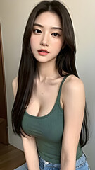 Fototapeta premium Beautiful Asian woman with long black hair in a green tank top