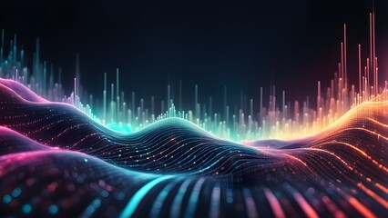 Naklejka premium Abstract digital landscape with glowing lines and particles, representing data flow and technology.