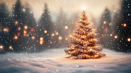 Obraz premium A tranquil winter evening featuring a beautifully illuminated Christmas tree amidst gently falling snow and twinkling lights