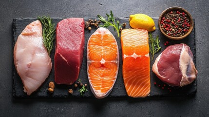 Raw chicken fish and meat displayed on stone surface Lean protein sources