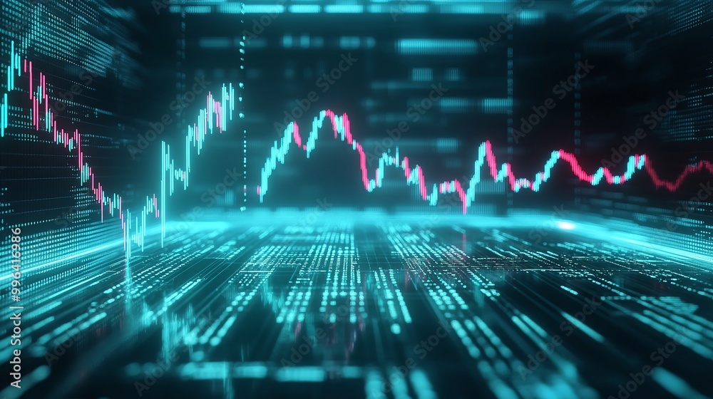 Poster dynamic digital stock market graph with glowing lines and data points on a high-tech background, rep