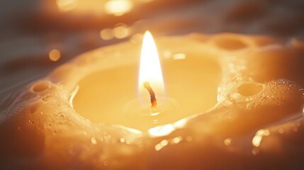 Close up of a glowing candle with soft light illuminating the melting wax