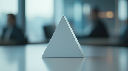 Triangle paper stand placed on a white table for identifying the committee name during a business presentation contest