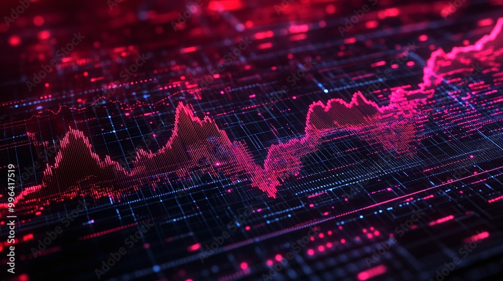 Poster dynamic digital stock market graph with vibrant red tones and intricate data patterns.
