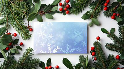 A decorative holiday gift box surrounded by festive greenery and red berries, evoking a winter theme.