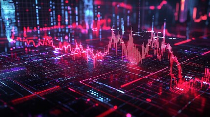Dynamic digital trading graph showcasing stock market fluctuations with vibrant red colors against a futuristic background.