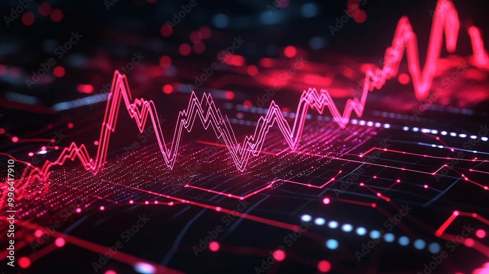 Poster dynamic digital wave graph representing data trends on a sleek circuit background.