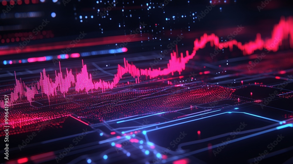 Poster dynamic digital waveform visualization with vivid colors and abstract elements.