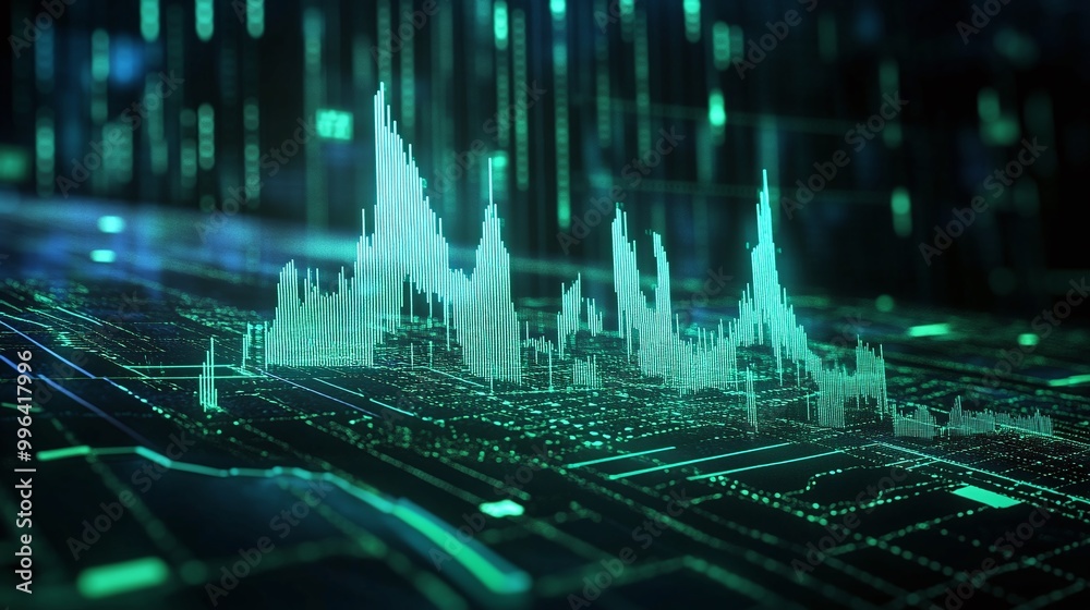 Poster dynamic digital waveform with green elements on a dark background, representing data analysis and te