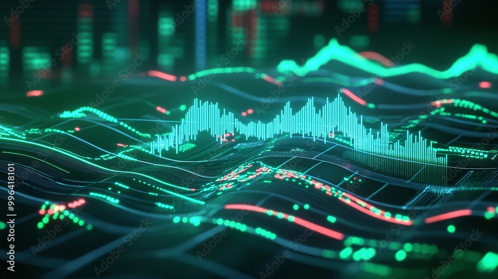 Poster dynamic digital waveforms displaying market trends and data analysis in a vibrant green and blue col