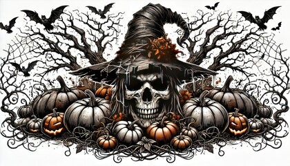 a spooky pumpkin skull wearing a tattered witch hat