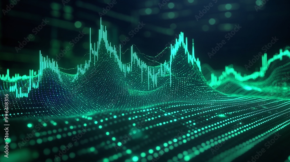Poster dynamic digital waveforms representing data analytics and futuristic technology concepts.