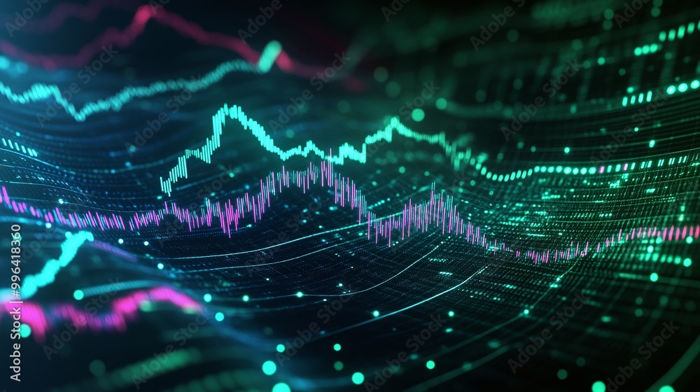 Poster dynamic digital waveforms representing data trends and analytics in vibrant colors.