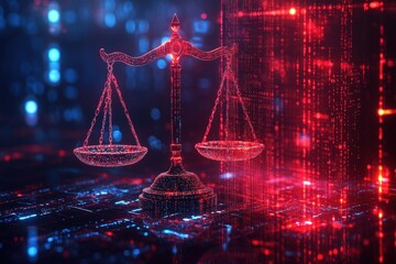A digital scales of justice in front of a binary code background.