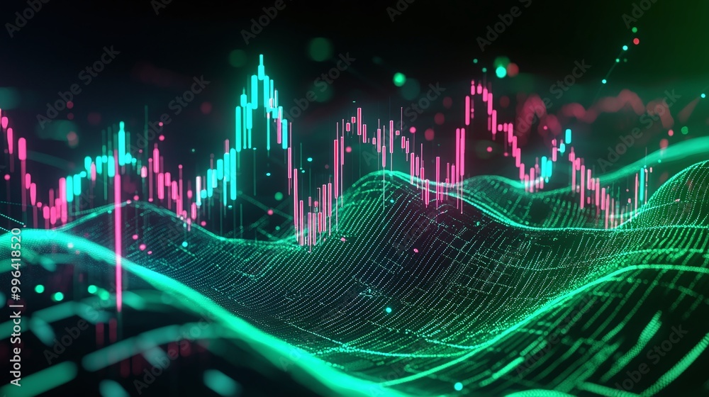 Poster dynamic financial data visualization with colorful charts and wave patterns representing market tren