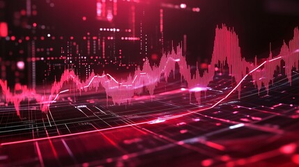 Dynamic financial data visualization with red graph lines and digital elements on a dark background.
