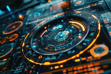 A close up of a futuristic computer screen showing a digital interface