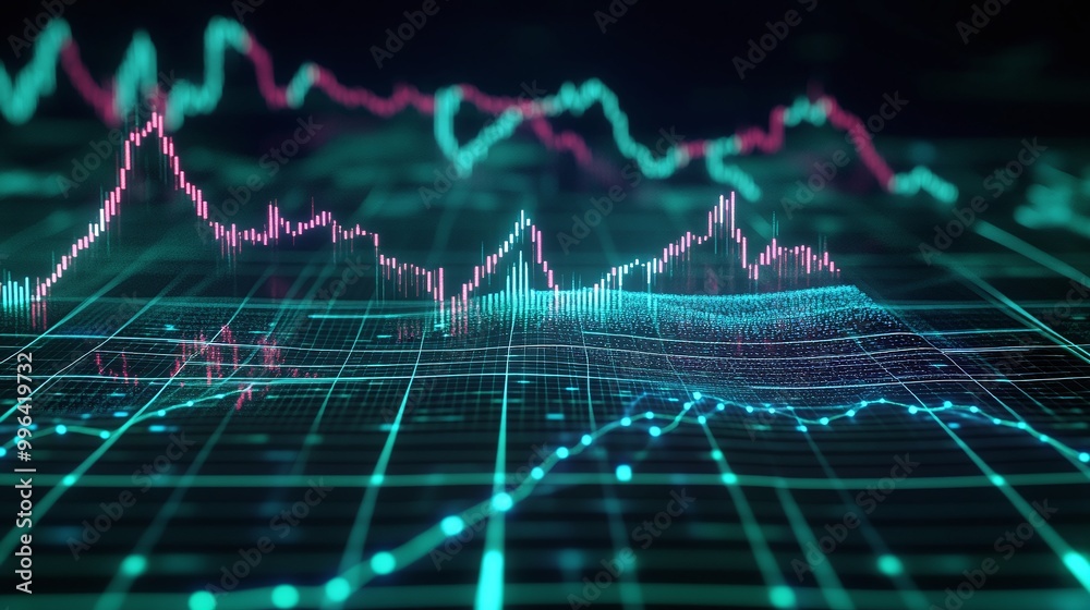 Poster dynamic financial data visualizations with vibrant graphs and charts on a dark background.