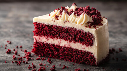 A slice of red velvet cake with white frosting.