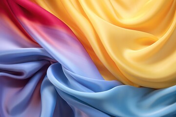 Obraz premium A close-up shot of flowing silk fabric in a mesmerizing blend of yellow, red, purple, blue, and green hues