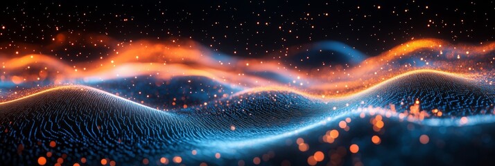 Abstract digital technology background with glowing blue and orange lines on black