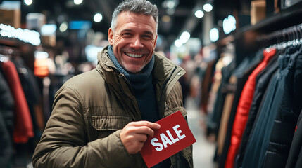 A smiling man holds a "SALE" sign in a clothing store, surrounded by various coats and jackets, showcasing a shopping experience.