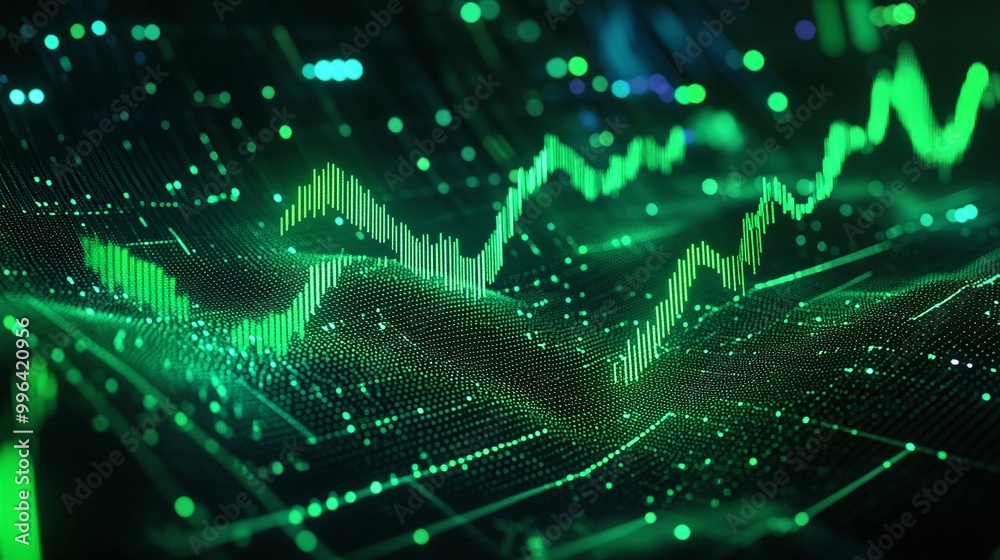 Poster dynamic green data visualization with fluctuating lines and glowing points on a dark background.