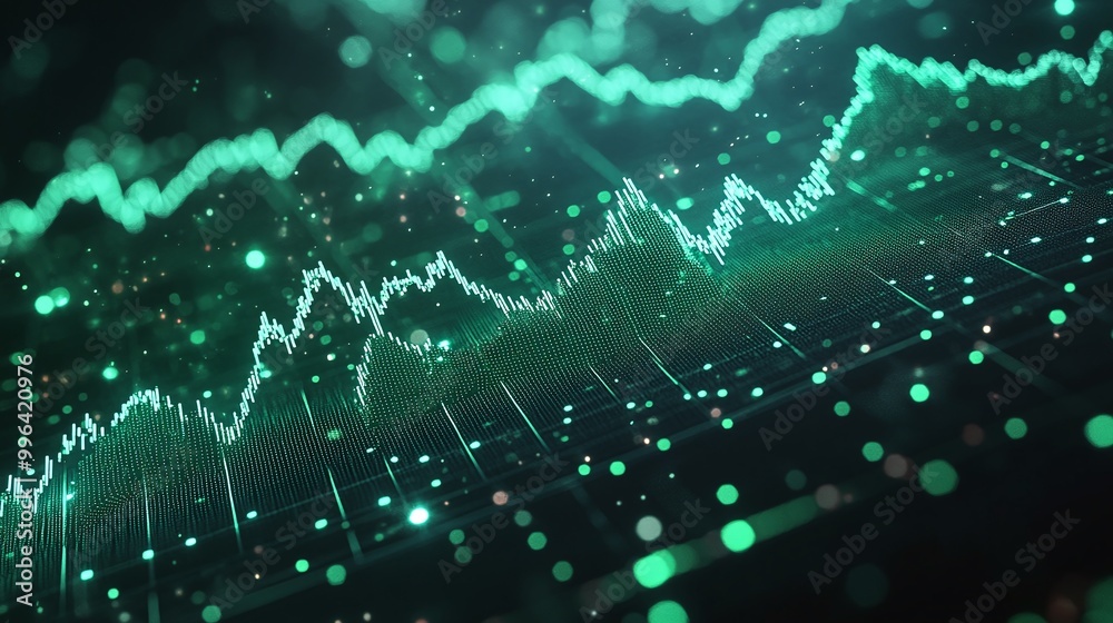Poster dynamic green data visualization with fluctuating lines and particles on a dark background, ideal fo
