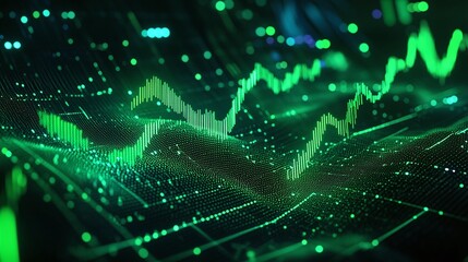 Dynamic green data visualization with fluctuating lines and glowing points on a dark background.